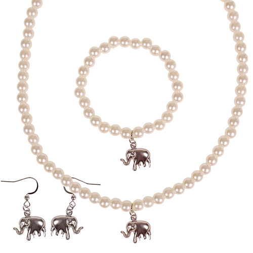 Set - Kinderketting, armbandje en oorbellen - ivoorkleurige immitatieparels 6mm - Hangertje Olifant zilverkleurig 1,5cm