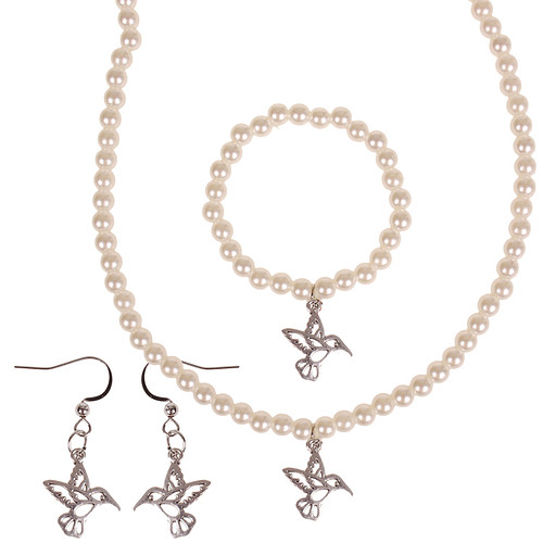 Set - Kinderketting, armbandje en oorbellen - ivoorkleurige immitatieparels 6mm - Hangertje Kolibrie zilverkleurig 1,8cm