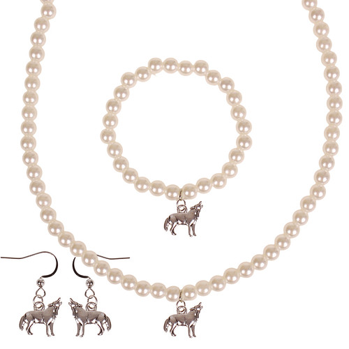 Set - Kinderketting, armbandje en oorbellen - ivoorkleurige immitatieparels 6mm - Hangertje Huilende Wolf zilverkleurig 1,8cm