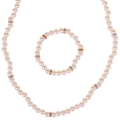 Set - Kinderketting en Kinderarmbandje - Ivoorkleurige Imitatiepareltjes 6mm - Zilverkleurige Spacers met Strass - Elastisch