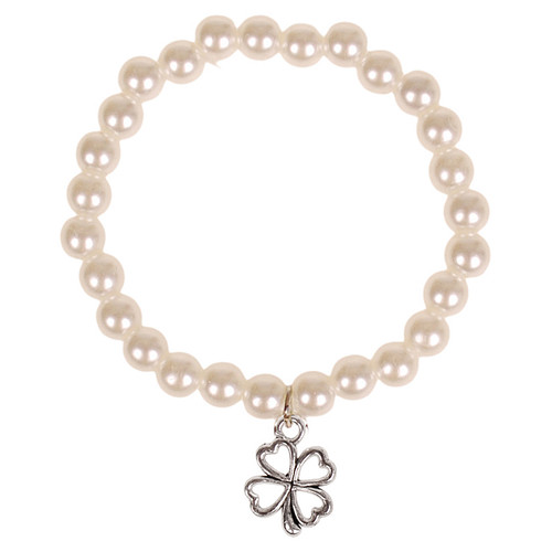 Kinderarmbandje Ivoorkleurige Imitatie Parels 6mm - Hangertje Klavertje vier zilverkleurig 1,5cm