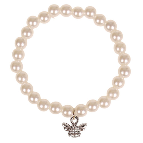 Kinderarmbandje Ivoorkleurige Imitatie Parels 6mm - Hangertje Bijtje zilverkleurig 1cm