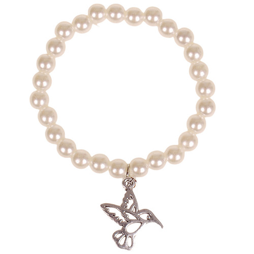 Kinderarmbandje Ivoorkleurige Imitatie Parels 6mm - Hangertje Kolibrie zilverkleurig 1,8cm