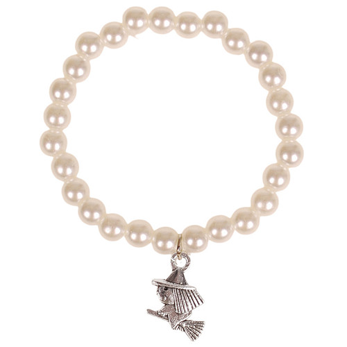 Kinderarmbandje Ivoorkleurige Imitatie Parels 6mm - Hangertje Heksje zilverkleurig 1,5cm