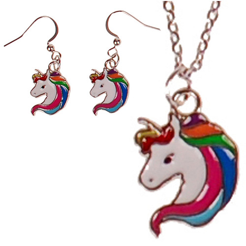 Set - Kinderketting 45cm RVS - Oorbellen Zilverkleurig - Hangertjes Emaille Eenhoorn Zilverkleurig 1,5cm 