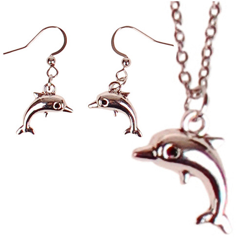 Set - Ketting 55cm RVS - Oorbellen Zilverkleurig - Hangertjes Dolfijntje Enkel Zilverkleurig 2cm