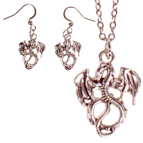 Set - Kinderketting 45cm RVS - Oorbellen Zilverkleurig - Hangertjes Draakje Zilverkleurig 2cm