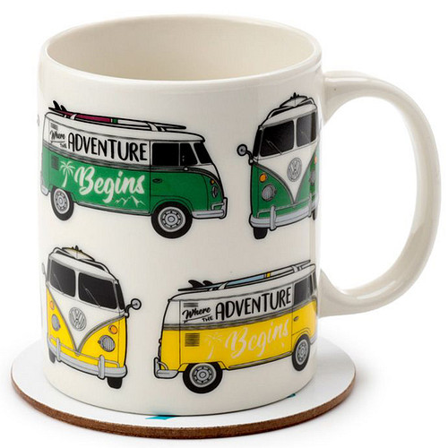 Beker - Volkswagen VW Busjes T1 - Adventure Begins - Groen & Geel & Roze & Blauw- Met Onderzetter - 300ml