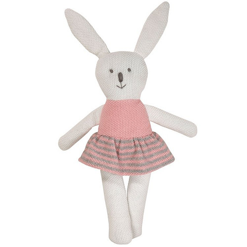 Knuffelkonijn gebreid wit met roze/grijs jurkje - 28cm
