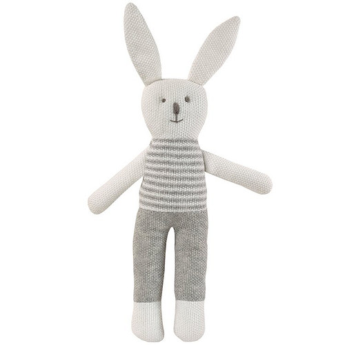 Knuffelkonijn gebreid wit met grijze broek en gestreepte trui - 28cm