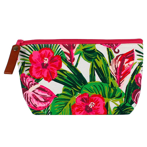 Make-up Tasje Wit met Roze Chinese Roos en Groene Blaadjes - 21x12cm