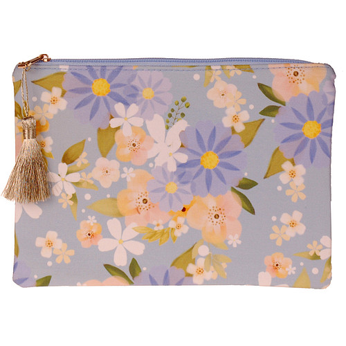 Toilettasje / Etui - Lichtblauw - Bloemen Print Peach & Paarsblauw & Wit - Ritssluiting & Goudkleurig Kwastje - 20,5x14cm