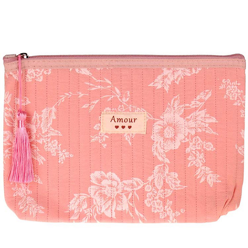 Toilettas Stof Roze - Cremekeurige Bladeren - Rits & Kwastje - Gewatteerd - 28x16x1-12cm