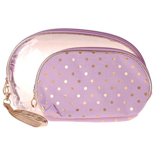 Toilettas Set Lilapaars - Transparant & Stof - Dots Goudkleurig - Rits & Handgreep - 21x13x2.5cm/26x16x6cm