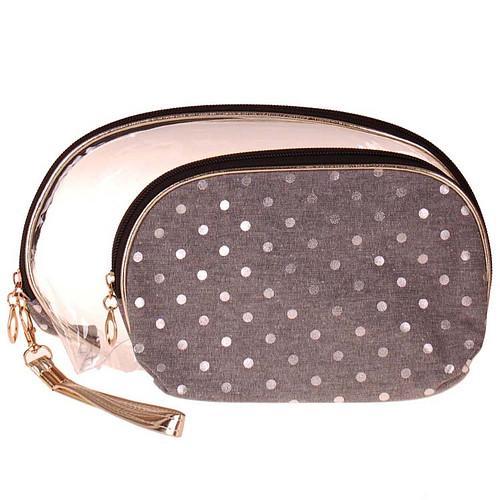 Toilettas Set Lichtgrijs - Transparant & Stof - Dots Zilverkleurig - Rits & Handgreep - 21x13x2.5cm/26x16x6cm