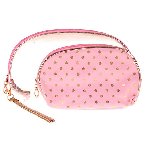 Toilettas Set Lichtroze - Transparant & Stof - Dots Goudkleurig - Rits & Handgreep - 21x13x2.5cm/26x16x6cm