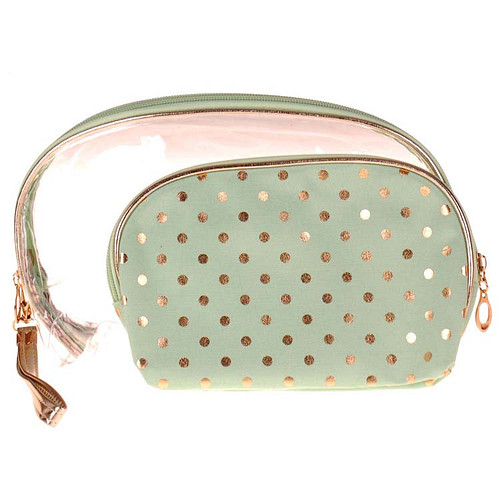 Toilettas Set Pastelgroen - Transparant & Stof - Dots Goudkleurig - Rits & Handgreep - 21x13x2.5cm/26x16x6cm