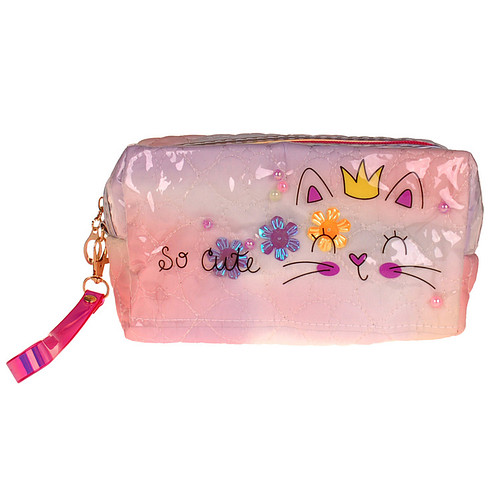 Toilettas / Grote Etui - Poes Princess - So Cute - Transparant met Bloemetjes - Perzik & Geel & Lila - 19x11cm