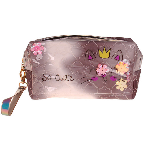 Toilettas / Grote Etui - Poes Princess - So Cute - Transparante Laag met Bloemetjes - Grijs & Wit- 19x11cm