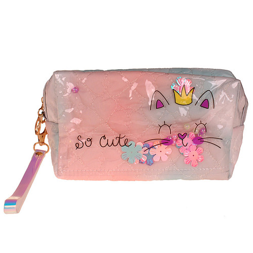 Toilettas / Grote Etui - Poes Princess - So Cute - Transparant met Bloemetjes - Perzik & Groen - 19x11cm