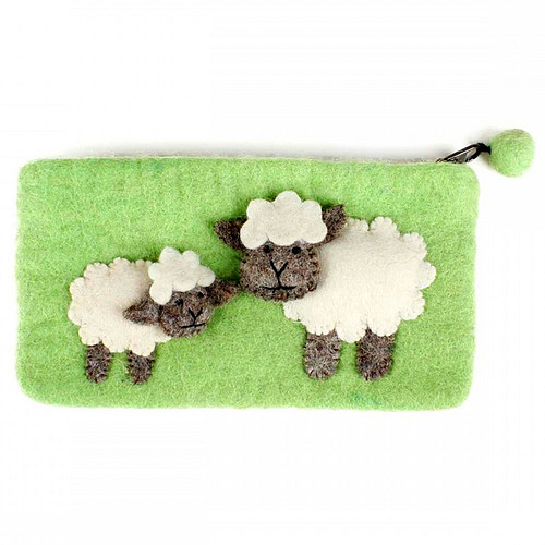 Vilten Portemonnee Lichtgroen met rits en 2 Schaapjes Wit/Grijs  - 20x11cm