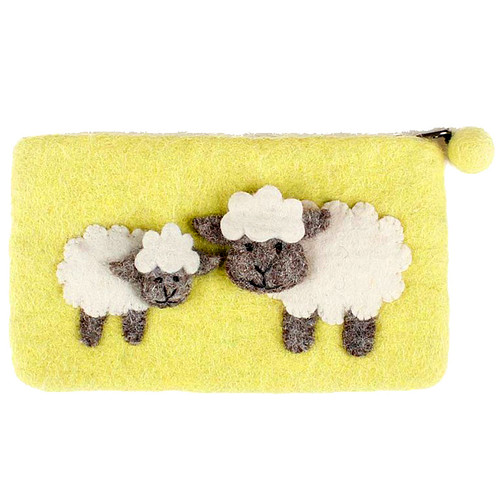 Vilten Portemonnee Lichtgeel met rits en 2 Schaapjes Wit/Grijs  - 20x11cm