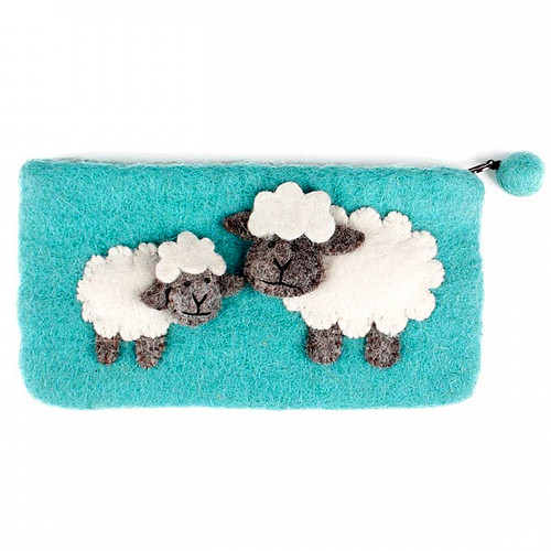 Vilten Portemonnee Turquoise met rits en 2 Schaapjes Wit/Grijs  - 20x11cm