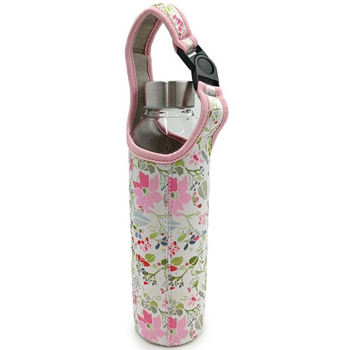 Drinkfles Glas - Pink Botanical - Julie Dodsworth - met Handgreep en Neopreen Beschermhoes - 500ml