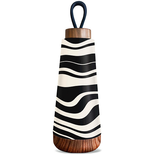 Bioloco Loop Mini Thermosfles RVS -  Zwart/Wit Gestreept- Dubbelwandig - Houten dop - 350ml