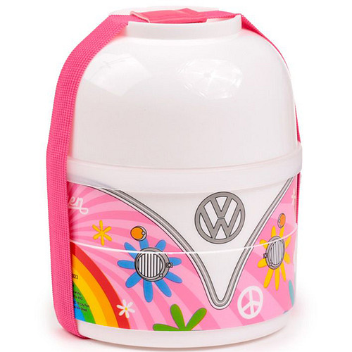 Bento Lunch Box - Volkswagen VW Busje T1 - Roze Flower Power - Rond Stapelbaar - 280/260/260ml - 13x10x10cm
