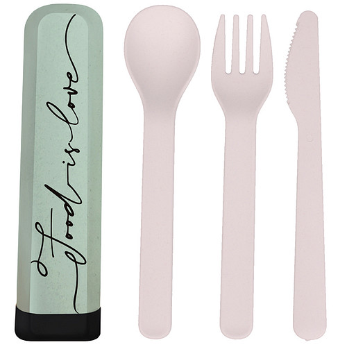 BioLoco Bestekset PLA - Food is Love - Lepel/Vork/Mes - Herbruikbaar - 16cm