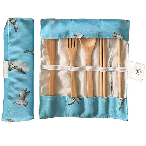 6-delige Bestek set Zeemeeuwen in de Lucht 100% Natuurlijk Bamboe - Blauw -