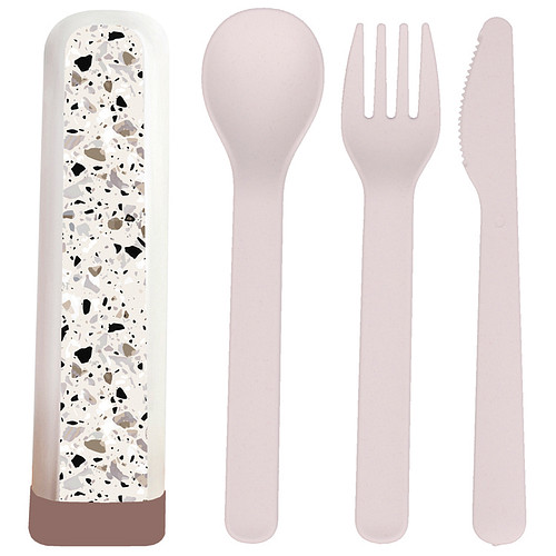 BioLoco Bestekset PLA - Graniet Terazzo - Lepel/Vork/Mes - Herbruikbaar - 16cm