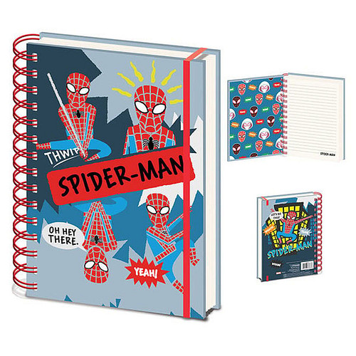 Notitieboek Spider-Man Sketch - A5 Gelinieerd Ringband - Getekende Spider-Man Diverse Poses- Grijs & Blauw & Rood met Elastiek