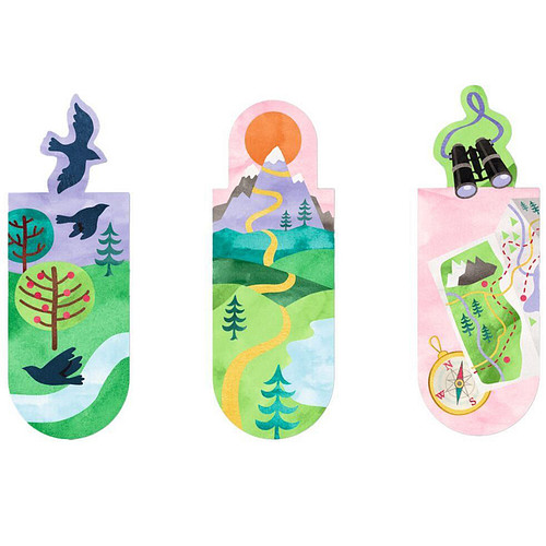 Magnetische Boekenlegger - Set van 3 - Vogels in het Bos/Berg/Kaart en verrekijker - 2,1x5,5cm