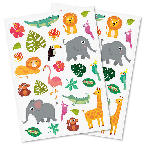 Stickers 2 Vellen - Jungledieren Cartoonstyle - Scrapbook Hobby DIY Stickervellen - 1.7-7.2cm - 56 Stuks