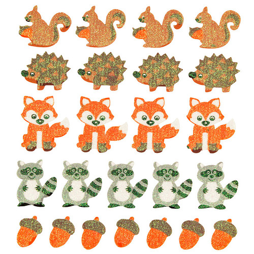 Foam Stickers - Bosdieren met Glitters - 24 Stuks - 2.5-4.2cm - Eekhoorn & Egel & Vos & Wasbeer & Eikeltjes 