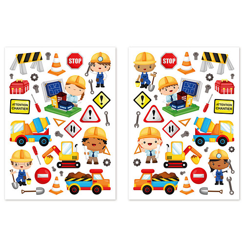 Stickers - Bouwplaats Verkeersborden/Gereedschappen/Bouwvakkers - Scrapbook Hobby DIY - 2 Stickervellen - 0.9-6cm - 63 Stuks