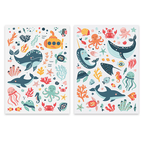 Stickers - Onderzeeer & Zeeleven Cartoonstyle - 2 Vellen - Scrapbook Hobby DIY Stickervel - 0,3-7,5cm - 128 Stuks