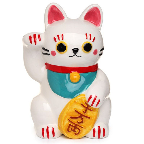 Spaarpot - Maneki Neko Wit&Rood&Geel - Keramiek - 15x9.5x9.5cm
