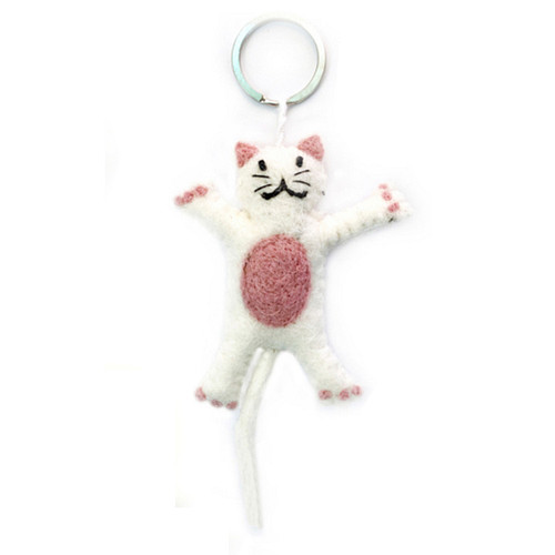 Vilten Sleutelhanger/tashanger kat wit - 9cm