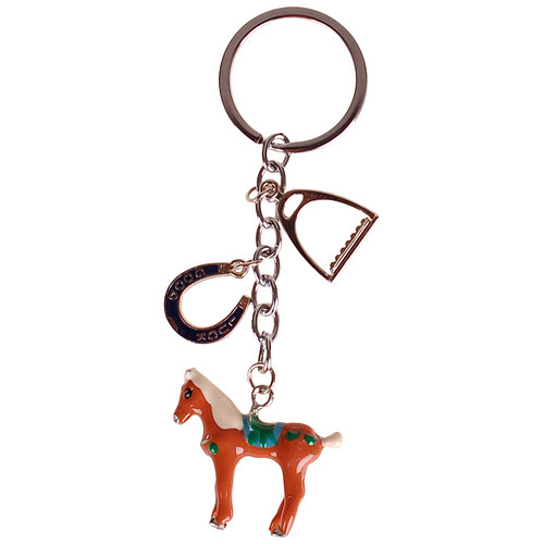 Sleutelhanger - Paard met Hoefijzer en Stijgbeugel - Emaille Lichtbruin/Groen - 4x3,5cm