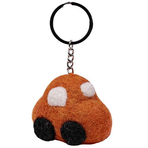 Sleutelhanger/Tashanger - Auto 3D Wolvilt - Oranjebruin - Handmade & Fairmade - 7x5cm