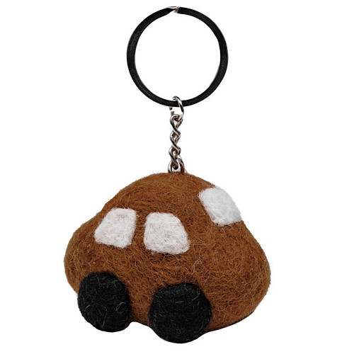 Sleutelhanger/Tashanger - Auto 3D Wolvilt - Bruin - Handmade & Fairmade - 7x5cm