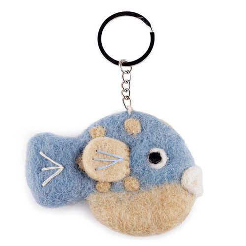 Sleutelhanger/Tashanger - Vis Sealife Wolvilt - Beige & Blauw - Handmade & Fairmade - 6x6cm