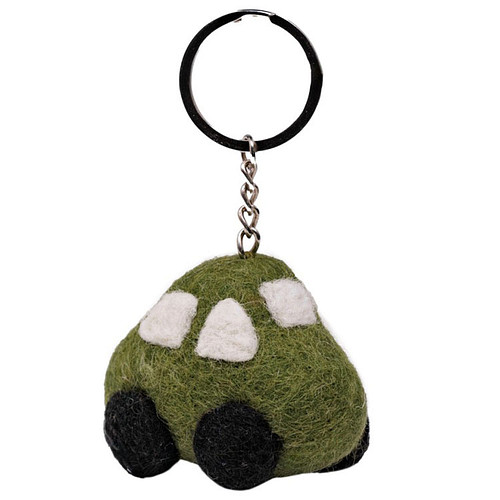 Sleutelhanger/Tashanger - Auto 3D Wolvilt - Donkergroen - Handmade & Fairmade - 7x5cm