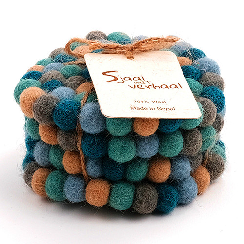 Set van 4 vilten ronde onderzetters - Petrol, Zeegroen, Blauw, Grijs - 9cm - Sjaal met Verhaal