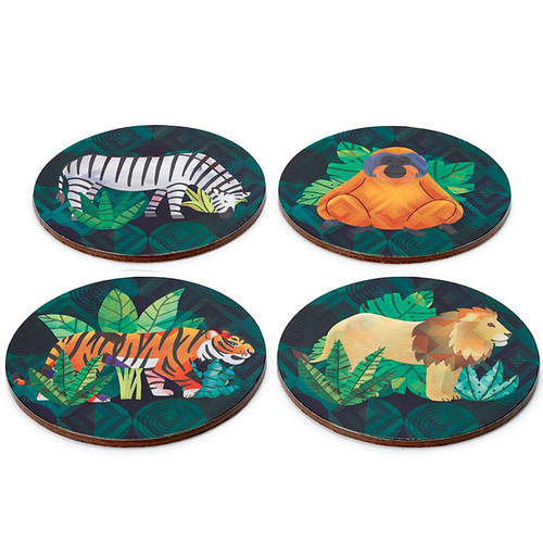 Onderzetters - Animal Kingdom - Wilde Dierenrijk - Zebra/Orang-Oetan/Tijger/Leeuw - Set van 4 - Kurk - 10cm