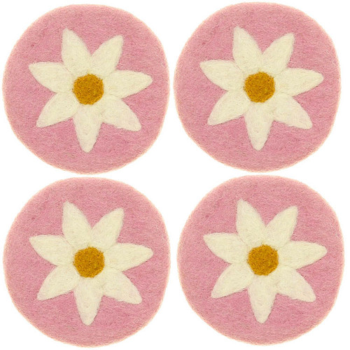 Vilten Onderzetters - Set 4 stuks - Roze met Witte Margriet - 10 cm - Fairtrade