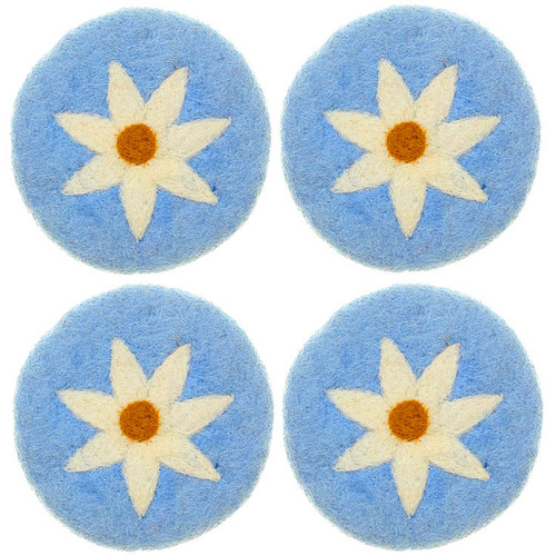 Vilten Onderzetters - Set 4 stuks - Blauw met Witte Margriet - 10 cm - Fairtrade